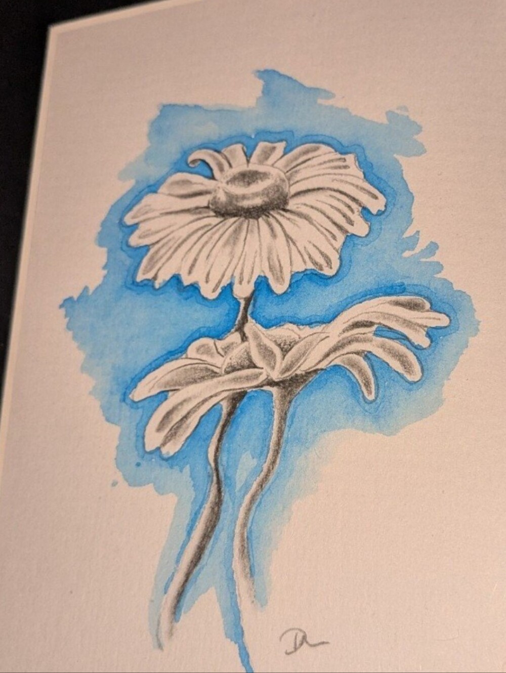 Hand-Drawn Daisy Watercolor Original in Blue by Artist